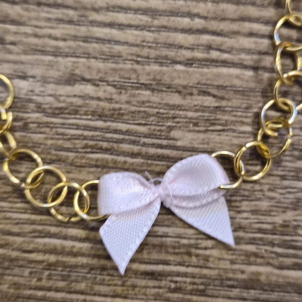 Handmade Gold Tone Bracelet w/ Sweet Baby Pink Bow + Martching Charm 1 of A Kind